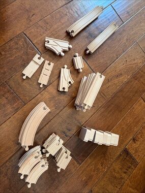 64 piece Natural Wood Kids Train Track Set - Compatible Wooden Rails